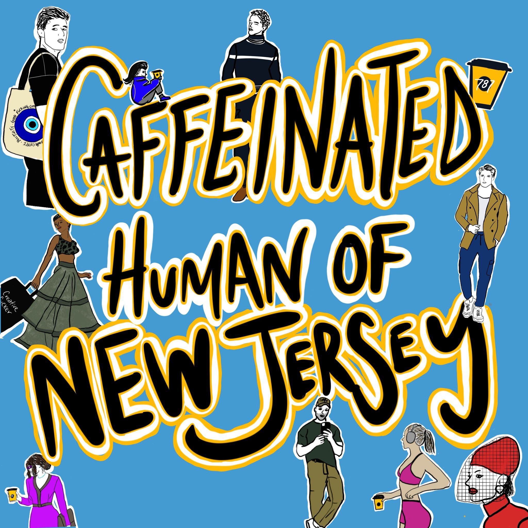 Colorful illustrated sticker with the words 'Caffeinated Human of New Jersey' in bold, stylized letters. The collage features diverse characters holding a 787 coffee cups and engaging in various activities, set against a blue background.