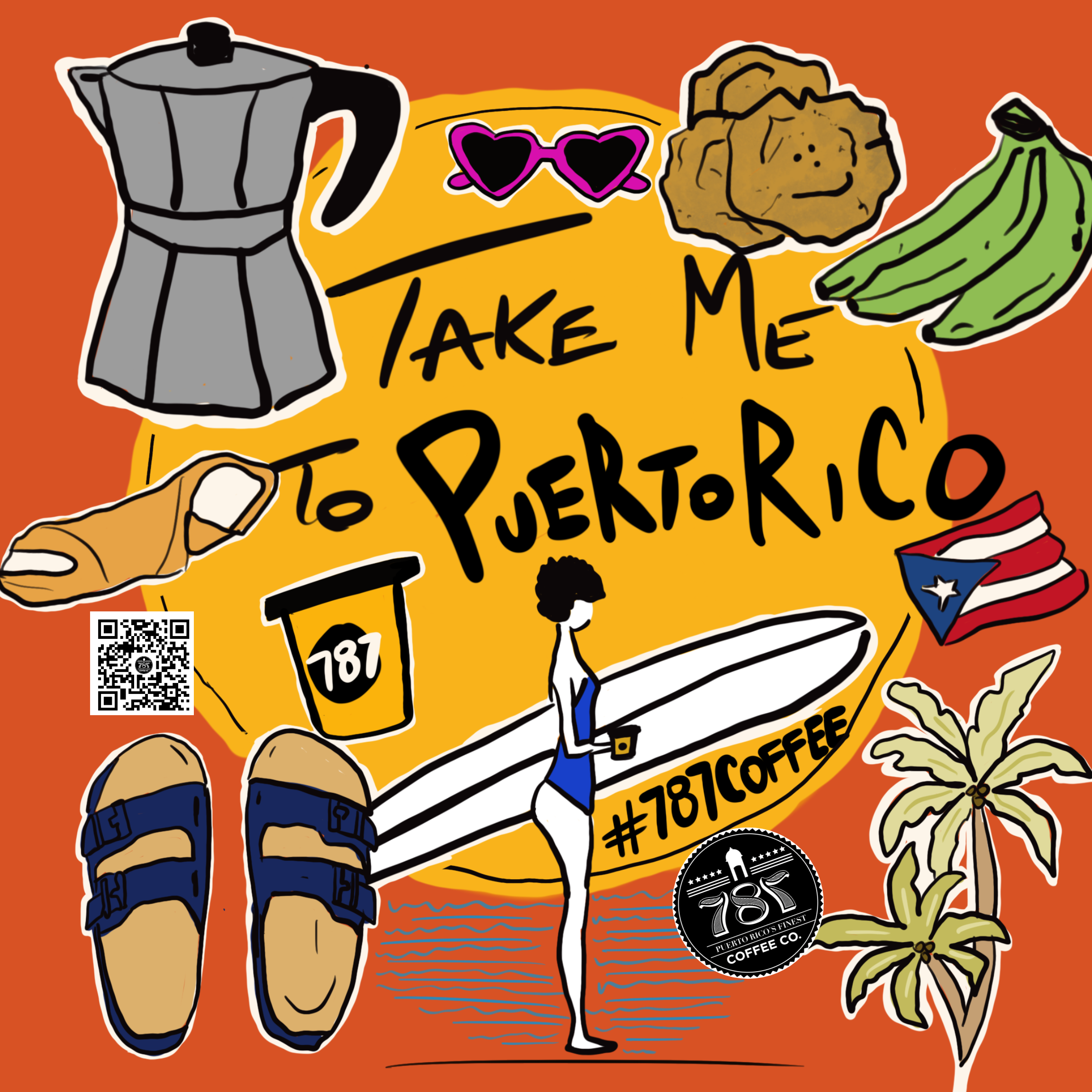 Take Me to Puerto Rico Sticker – Celebrate Island Life with Tropical Illustrations of Coffee, Beach, & Culture